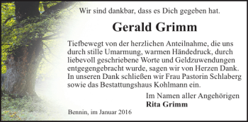 Traueranzeige von Gerald Grimm von Hagenower Kreisblatt