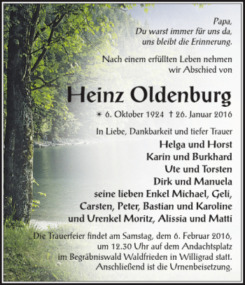 Traueranzeige von Heinz Oldenburg von Zeitung für die Landeshauptstadt