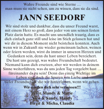 Traueranzeige von JANN SEEDORF von Zeitung für die Landeshauptstadt