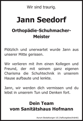 Traueranzeige von Jann Seedorf von Zeitung für die Landeshauptstadt