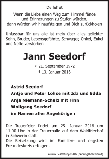 Traueranzeige von Jann Seedorf von Zeitung für die Landeshauptstadt