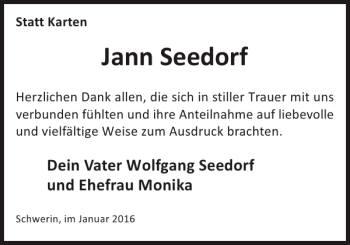 Traueranzeige von Jann Seedorf von Zeitung für die Landeshauptstadt