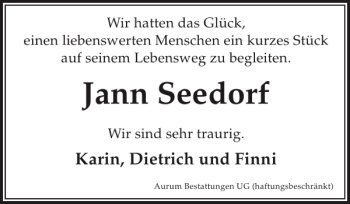 Traueranzeige von Jann Seedorf von Zeitung für die Landeshauptstadt