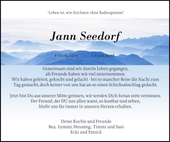 Traueranzeige von Jann Seedorf von Zeitung für die Landeshauptstadt