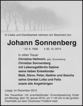 Traueranzeige von Johann Sonnenberg von Güstrower Anzeiger