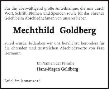 Traueranzeige von Mechthild Goldberg von Anzeiger für Sternberg - Brüel - Warin