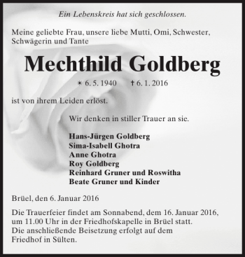 Traueranzeige von Mechthild Goldberg von Anzeiger für Sternberg - Brüel - Warin