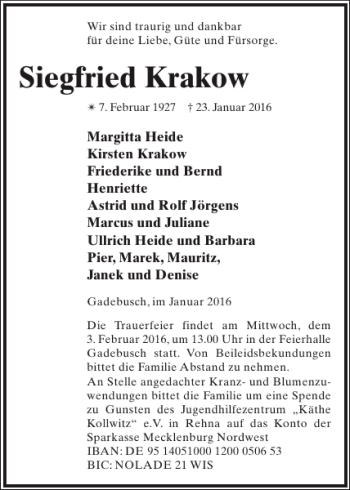 Traueranzeige von Siegfried Krakow von Gadebusch-Rehnaer Zeitung