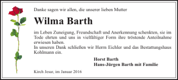 Traueranzeige von Wilma Barth von Hagenower Kreisblatt