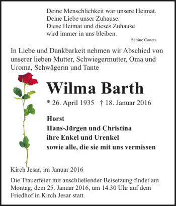 Traueranzeige von Wilma Barth von Hagenower Kreisblatt