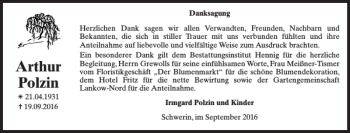 Traueranzeige von Arthur Polzin von Zeitung für die Landeshauptstadt