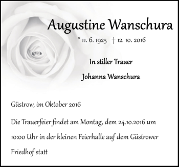 Traueranzeige von Augustine Wanschura von Güstrower Anzeiger