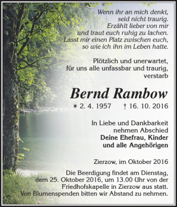 Traueranzeige von Bernd Rambow von Ludwigsluster Tageblatt