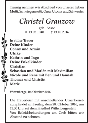 Traueranzeige von Christel Granzow von Der Prignitzer