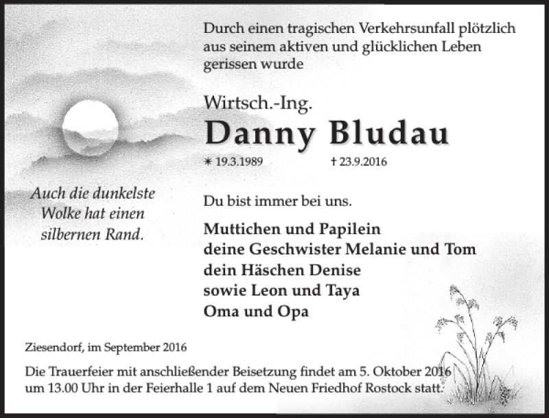  Traueranzeige für Danny Bludau vom 01.10.2016 aus Norddeutsche Neueste Nachrichten