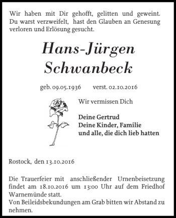 Traueranzeige von Hans-Jürgen Schwanbeck von Bützower Zeitung