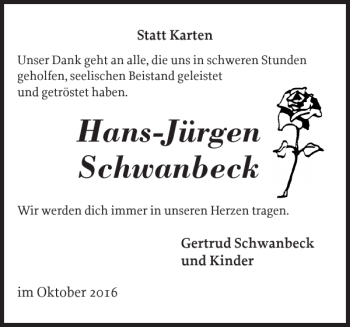 Traueranzeige von Hans-jürgen Schwanbeck von Bützower Zeitung