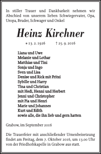 Traueranzeige von Heinz Kirchner von Ludwigsluster Tageblatt