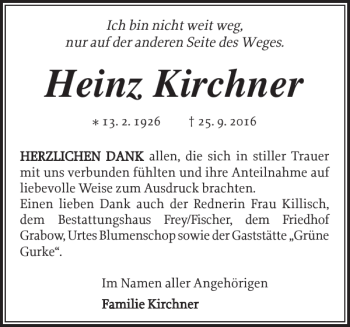 Traueranzeige von Heinz Kirchner von Ludwigsluster Tageblatt