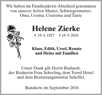 Traueranzeige von Helene Zierke von Zeitung für die Landeshauptstadt