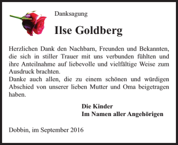 Traueranzeige von Ilse Goldberg von Zeitung für Lübz - Goldberg - Plau