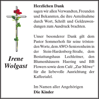 Traueranzeige von Irene Wolgast von Der Prignitzer