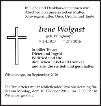 Traueranzeige von Irene Wolgast von Der Prignitzer