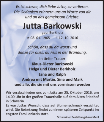 Traueranzeige von Jutta Barkowski von Zeitung für die Landeshauptstadt