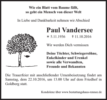 Traueranzeige von Paul Vandersee von Zeitung für Lübz - Goldberg - Plau