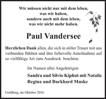 Traueranzeige von Paul Vandersee von Zeitung für Lübz - Goldberg - Plau