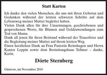 Traueranzeige von Dörte Sternberg von Güstrower Anzeiger