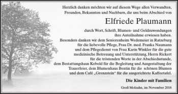 Traueranzeige von Elfriede Plaumann von Gadebusch-Rehnaer Zeitung