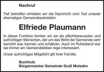 Traueranzeige von Elfriede Plaumann von Gadebusch-Rehnaer Zeitung