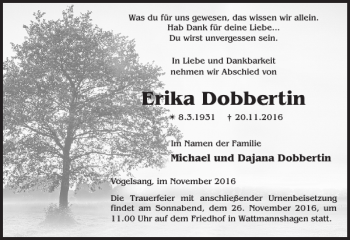 Traueranzeige von Erika Dobbertin von Güstrower Anzeiger