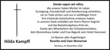 Traueranzeige von Hilda Kampff von Hagenower Kreisblatt