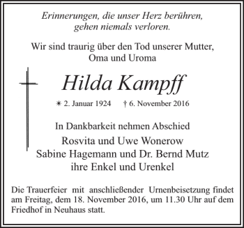 Traueranzeige von Hilda Kampff von Hagenower Kreisblatt