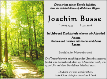 Traueranzeige von Joachim Busse von Der Prignitzer