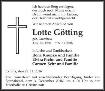 Traueranzeige von Lotte Götting von Zeitung für die Landeshauptstadt