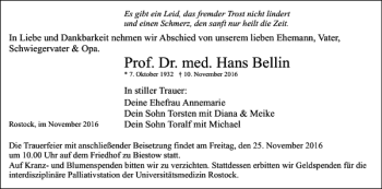 Traueranzeige von Prof. Dr. Med. Hans Bellin von Norddeutsche Neueste Nachrichten