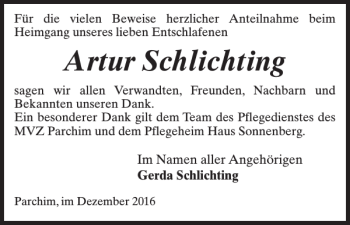 Traueranzeige von Artur Schlichting von Parchimer Zeitung