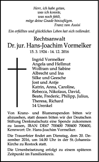 Traueranzeige von Dr. Jur. Hans-Joachim Vormelker von Norddeutsche Neueste Nachrichten