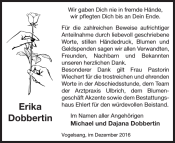 Traueranzeige von Erika Dobbertin von Güstrower Anzeiger