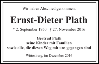 Traueranzeige von Ernst-Dieter Plath von Hagenower Kreisblatt