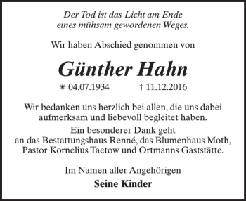 Traueranzeige von Günther Hahn von Zeitung für Lübz - Goldberg - Plau