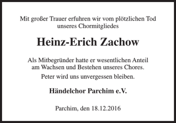 Traueranzeige von Heinz-Erich Zachow von Parchimer Zeitung