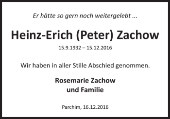 Traueranzeige von Heinz-Erich Peter Zachow von Parchimer Zeitung