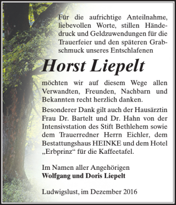 Traueranzeige von Horst Liepelt von Ludwigsluster Tageblatt