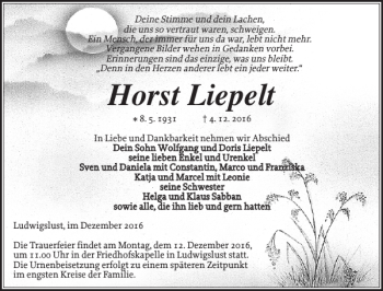 Traueranzeige von Horst Liepelt von Ludwigsluster Tageblatt