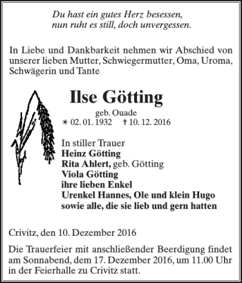 Traueranzeige von Ilse Götting von Zeitung für die Landeshauptstadt