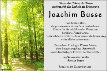 Traueranzeige von Joachim Busse von Der Prignitzer